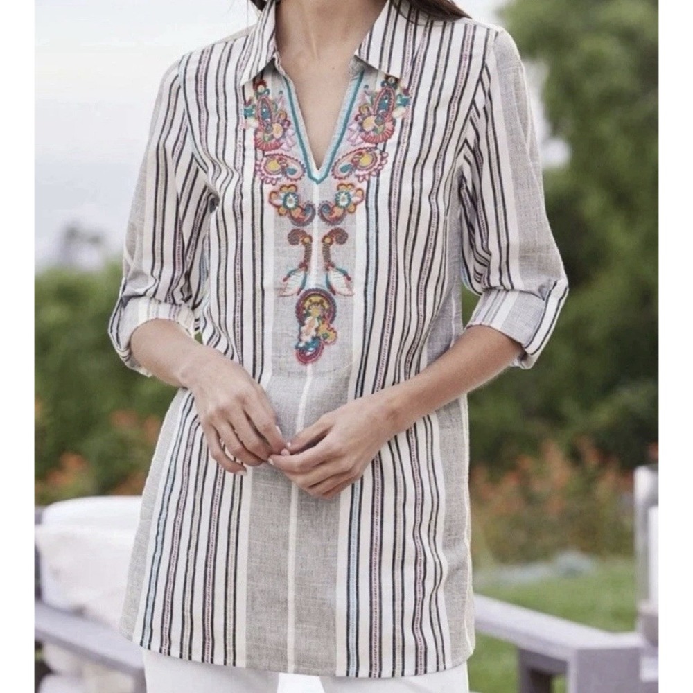 Soft Surroundings 100% Cotton Striped Embroidered V-Neck Tunic Blouse Size S